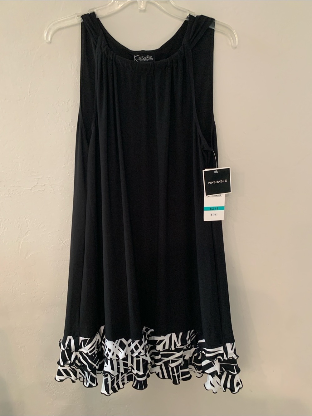 K Studio Black Swing Dress with Black & White Ruffle Hem Size 16 NWT